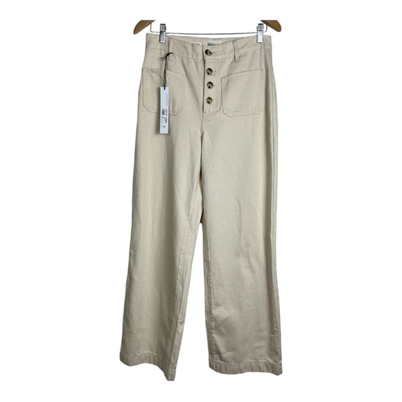 River Island Wide Leg High Rise Button Front Jeans Ecru Off White NWT Sz 6 US - Picture 1 of 14